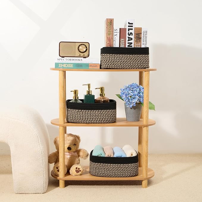 MiniArk Small Storage Baskets for Organizing | Closet Organizer Bins | Shelf Toy Basket | Woven Rope Baskets | Cube Decorative Box | Shallow Basket | 11.5x7.5x4.7” | 4 Packs Black Brown