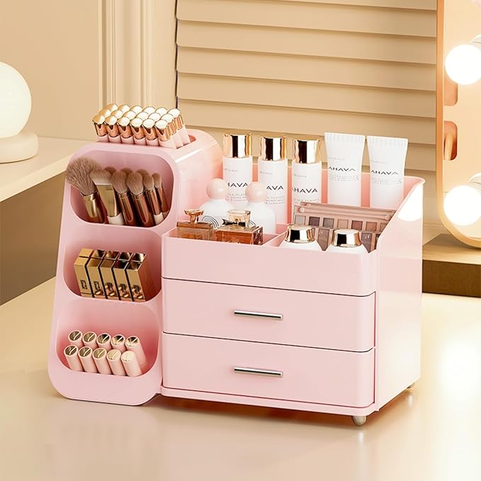 Makeup Organizer with Drawers,Large Capacity Countertop Organizer for Vanity,Bathroom and Bedroom Desk Cosmetics Organizer,Easy To Storage Skincare,Brushes,Lotions (All Pink)