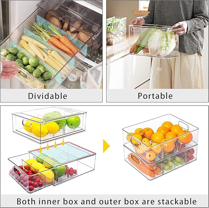 Set of 3 Stackable Refrigerator Organizer Bins Pull-Out Drawers for Fruit and Veggies Divided Storage Organizer for Fridge Clear Drawer Containers with Handle for Produce Saver, Eggs, Snack