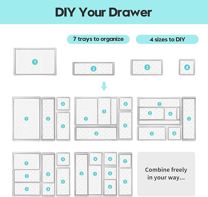 7 PCS Clear Drawer Organizer Bins, Stackable Office Desk Drawer Organizers with 7 Connector Clips, 4 Sizes Plastic Drawer Trays for Office Supplies, Bathroom, Vanity, Makeup & Kitchen