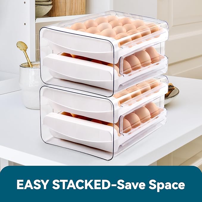 Luckore Egg Container Holders Dispenser for Refrigerator 40 Eggs, 2 Tier Clear Stackable Holder Tray with Drawer for Fridge, Storage Container with Handles for Refrigerator, Countertop
