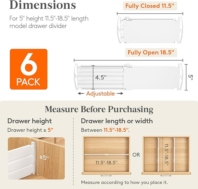 Lifewit 6 Pack 5" High Drawer Dividers for Clothes, 11.5"-18.5" Expandable Dresser Drawer Organizers, Adjustable White Plastic Separators for Kitchen, Cabinet, Nursery, Socks & Underwear Storage