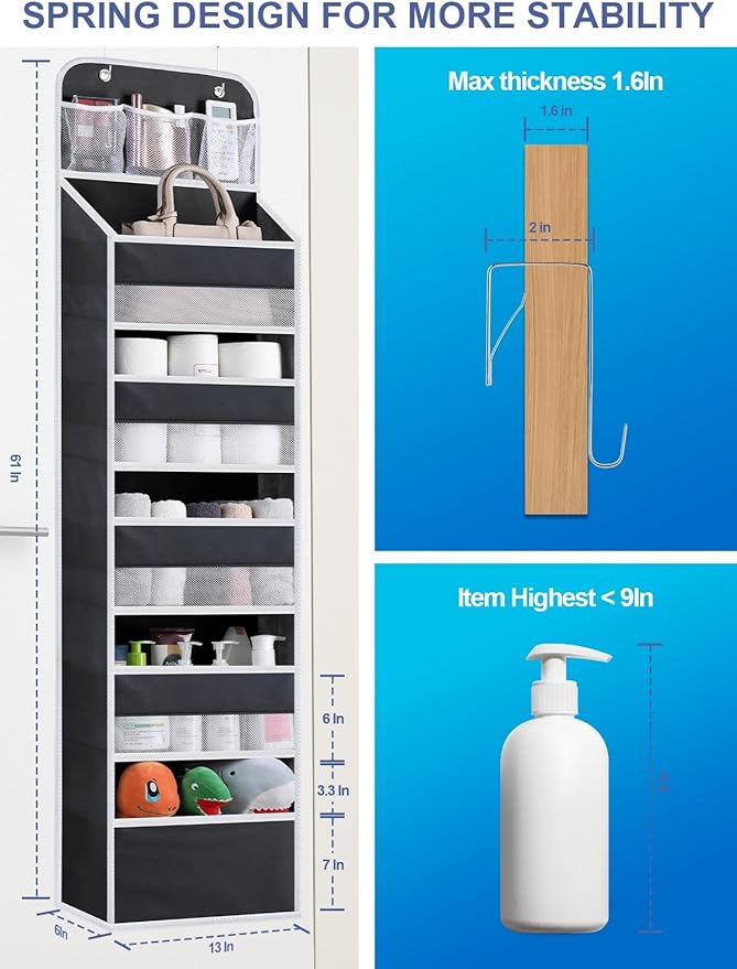 Over the Door Organizer Storage - 5 Tier Hanging Storage shelves Door Organizer with Pockets, Anti Tilt 44 lb Load Behind Door Organizer for Bedroom,Nursery,Bathroom,Kitchen,Dorm,Shoe - 1 Pack, Black