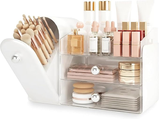 Makeup Organizer with Dustproof Brush Holder for Vanity, White