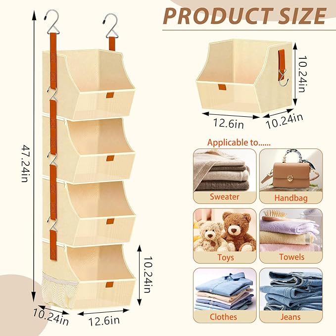 Fabric 4 Tier Hanging Closet Organizers Heavy Duty Shelf Hanging Storage Towel Clothes Sweater Jeans Bag Organizer For Closet For Bedroom,Dorm,RV,See Through Front Panel, Space-Saving (Beige-4Tier)