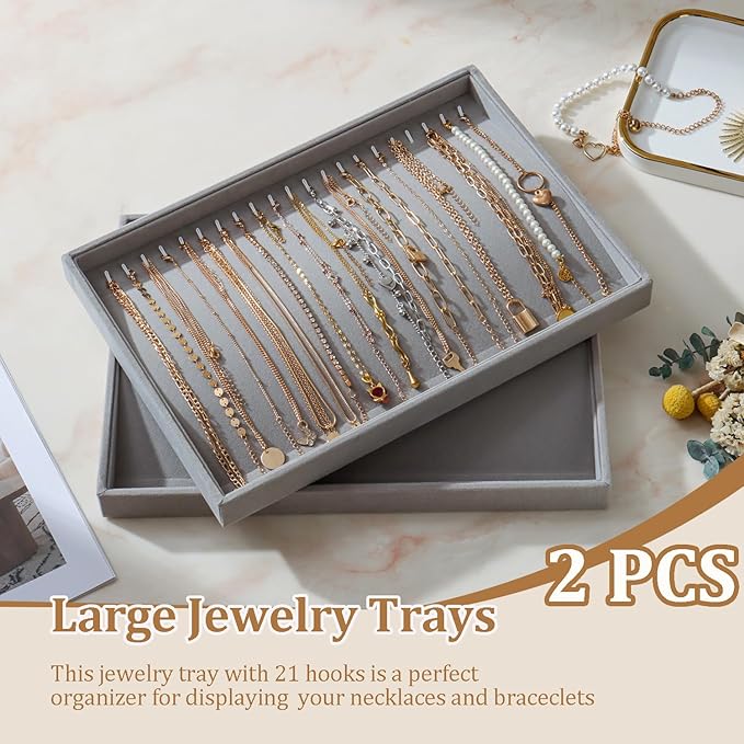 Large Velvet Jewelry Tray 2 Pack Stackable Jewelry Display Drawer Inserts Trays Organizer for Earring Bracelet Necklace Ring (Gray, 20 Hooks)
