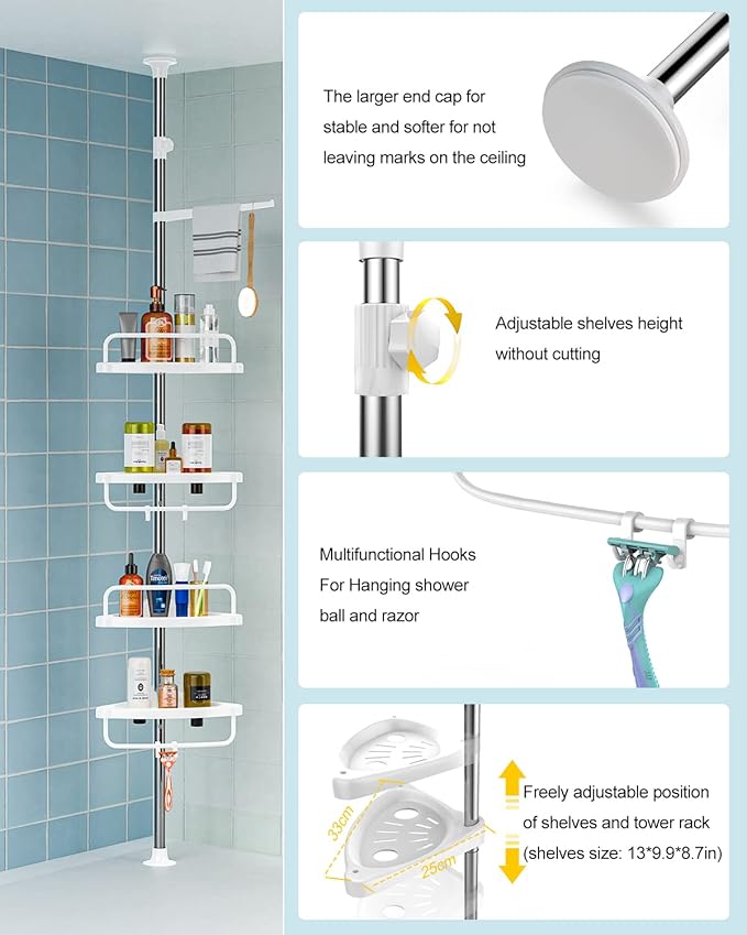 ADOVEL 4 Layer Corner Shower Caddy, Stainless Steel Constant Tension Pole Shower Organizer, Adjustable Corner Shower Shelf, Rustproof 3.3 to 9.8 ft