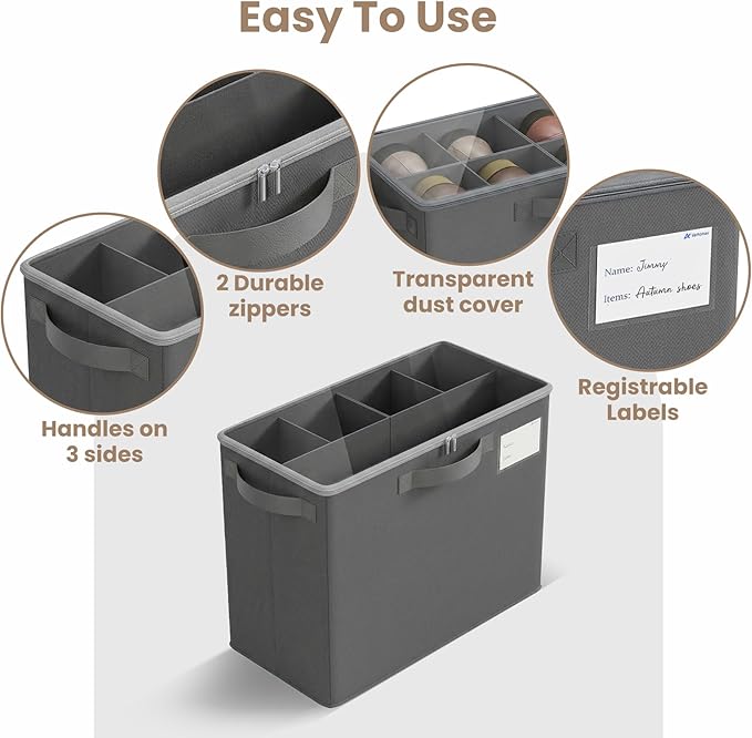 Varhomax Shoe Organizer Box for Closet, Small Fabric Shoe Storage Bin with Adjustable Dividers & Clear Cover, Saving Space Sneakers & Sandals Containers for Entryway, Cubby - Gray