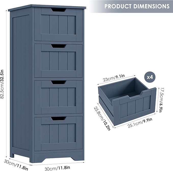 FOTOSOK Bathroom Storage Cabinet, Bathroom Cabinet with 4 Drawers, 11.8” x 11.8” x 32.5” Freestanding Entryway Cupboard Storage Organizer Unit Home Furniture Decor, Blue