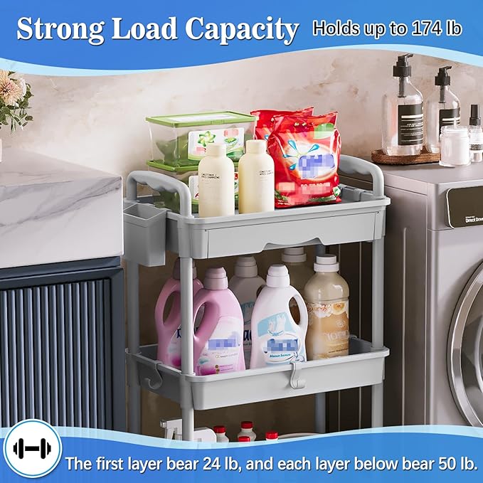 3 Tier Rolling Cart with Drawer, Gray