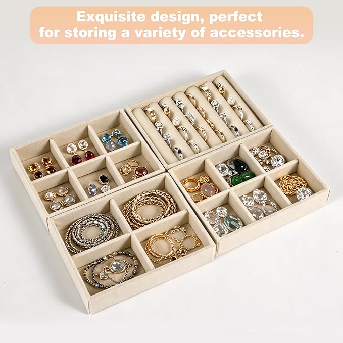 8-Piece 6" Velvet jewelry drawer organizer inserts Removable Dividers, Stackable Drawer Organizer for Rings Earrings Makeup, Vanity Dresser Storage
