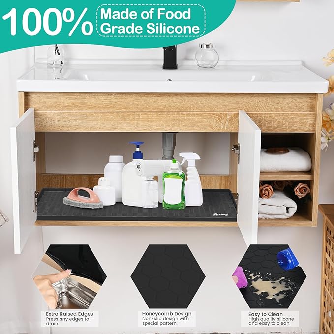 Waterproof Under Sink Mat 22" x 19", Silicone Cabinet Liner, Rubber Protector for Kitchen and Bathroom, Keeps Cabinets Clean, Dry, and Organized (Black)
