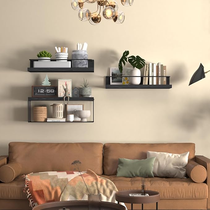 PopiShelves Bathroom Shelves Over Toilet for Wall, Floating Shelves with Storage Basket Paper Holer for Kitchen Living Room, Bedroom & Classroom, Set of 3 (Black)