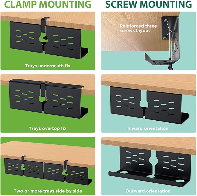 KEEGH 16" Under Desk Cable Management Tray, No Drill Clamp Mount, Desk Cord Organizer Upgrade Capacity, Cord Management Tray for Home Office, Gaming Desk, Standing Desk, Black, 2 Pack