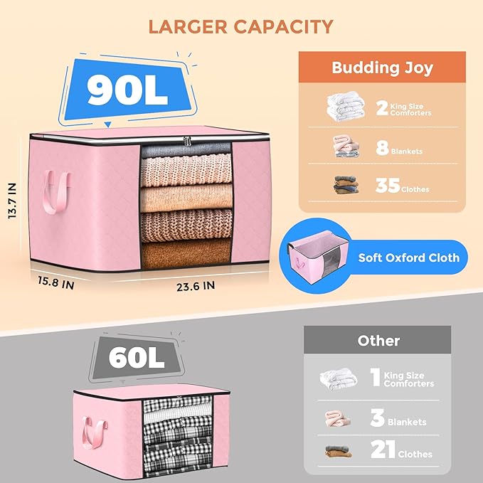 Budding Joy 90L Large Storage Bags, 4 Pack Clothes Storage Bins Foldable Closet Organizer Storage Containers Storage and Organization for Clothes, Blanket, Pillows and Toys (Pink)