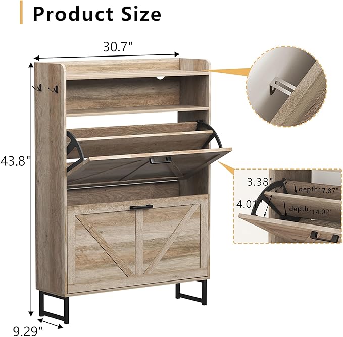 Shoe Cabinet with 2 Flip Drawers, Grey