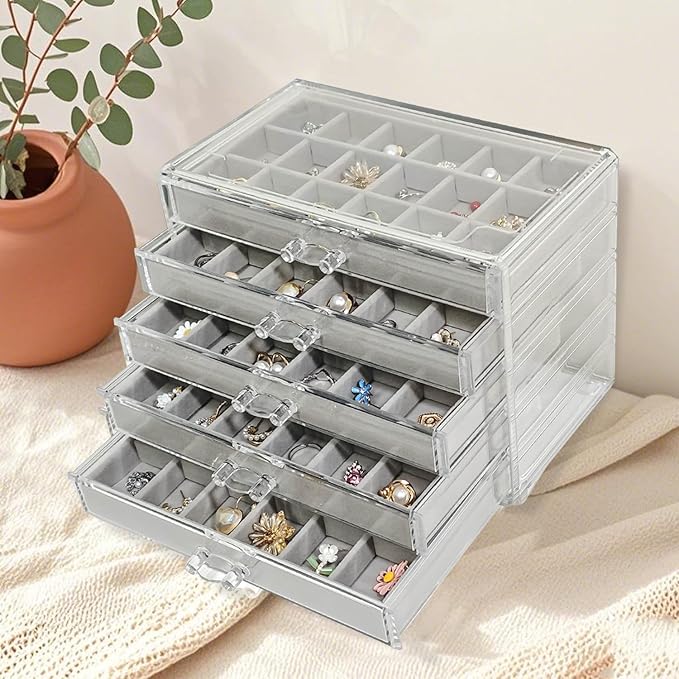 Acrylic Earring Holder Organizer with 5 Drawers Clear Earring Organizer Box with 90 Adjustable Grids Velvet Earring Display Case Jewelry Organizer for Earrings Rings Studs (Grey)