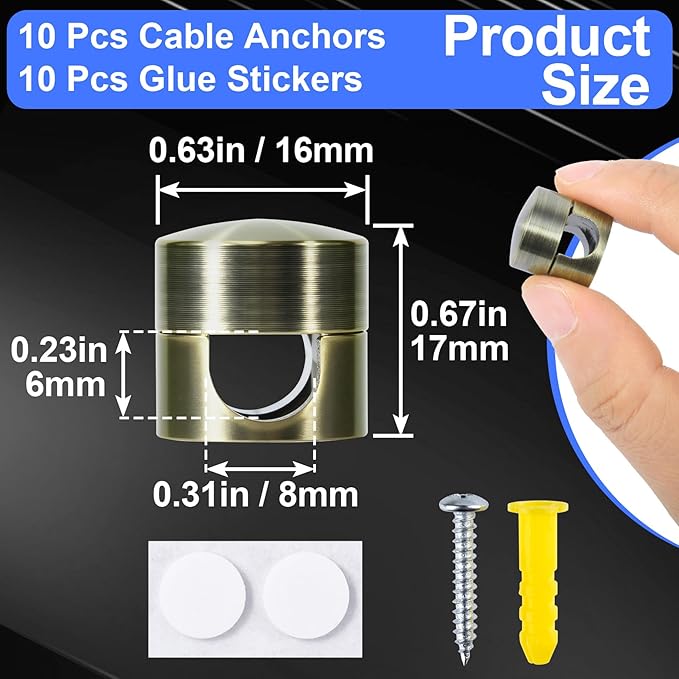 SmallCat 10 Sets Charger Holders for Cords, Antique Copper Color Adjustable Cable Anchor Holders, Adhesive Metal Cord Clips, Cable Management Wire Organizers for Desk, Office, Nightstand
