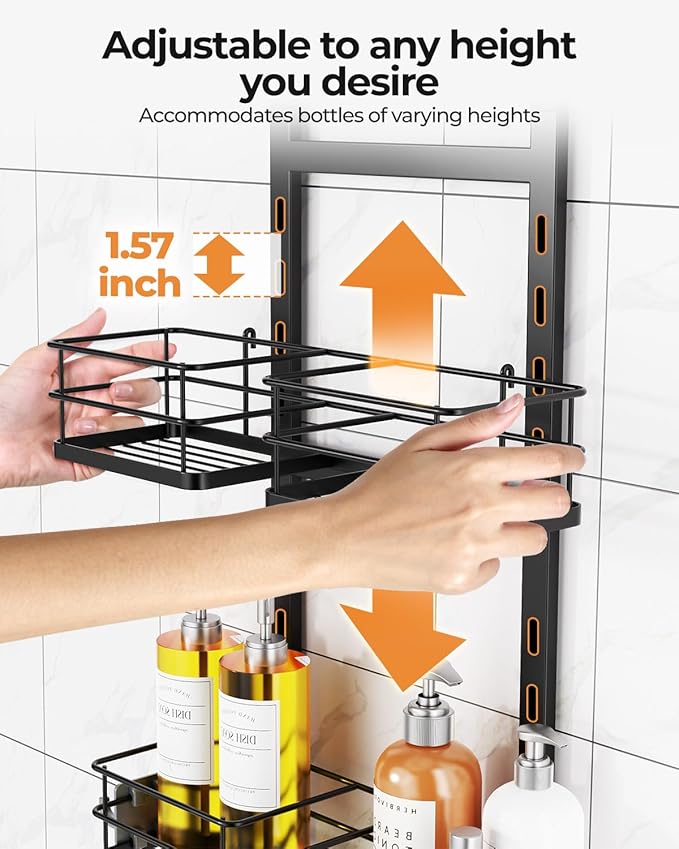 ODesign 2 Tier Height-Adjustable Shower Caddy Hanging Anti-Swing-Over The Shower Head Caddy Storage Organizer Bathroom Shelves Basket-Black