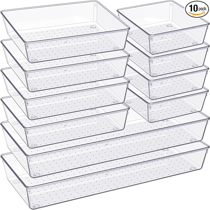 Drawer Organizer, 10 Pack Large Clear Plastic Set