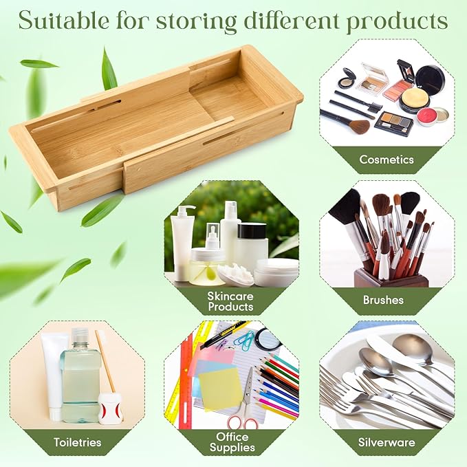 LemonRoad 1 Pcs Sliding Drawer Organizer Bin Bamboo Drawer Expandable Bins Utensil Organizer for Kitchen Spoons Forks Knives (Wood)