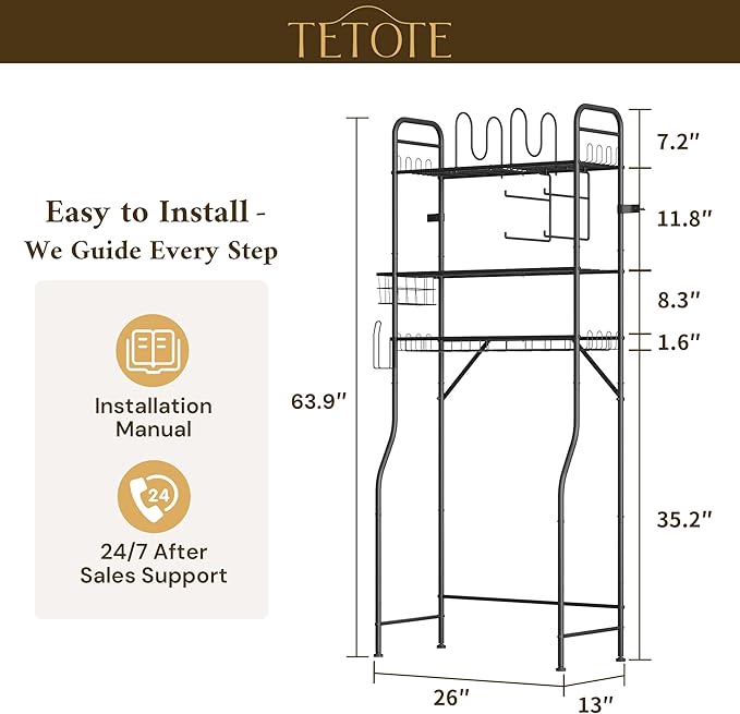 TETOTE Over The Toilet Storage Rack, 3-Tier Bathroom Organizer Shelf Over Toilet with Toilet Paper Roll Holder, Freestanding Metal Rack, Black