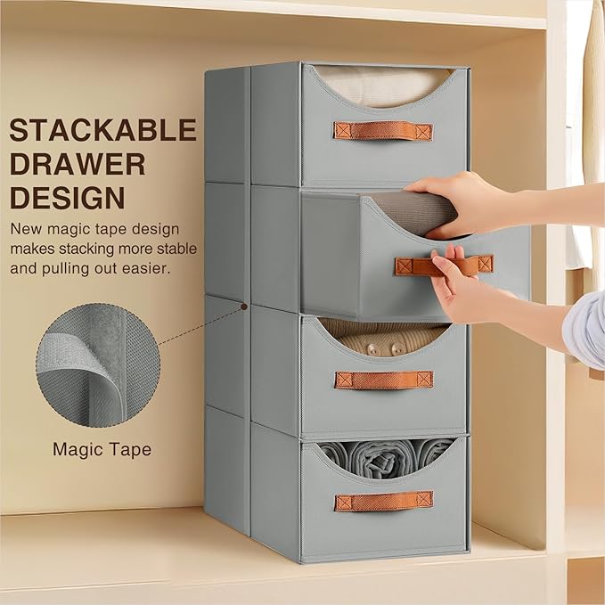 Homsorout Stackable Storage Drawers - Collapsible Storage Bins with Drawers, 8 Pack Closet Shelf Organizer Basket, Fabric Pull Out Organizer for Bedroom, Living Room, Dorm, Grey