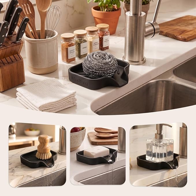 MicoYang Silicone Soap Dish with Drain Spout — Self-Draining Sink Organizer Tray for Bathroom & Kitchen, Holds Bar Soap, Sponges & Dispensers, Non-Slip & Dishwasher Safe, Black (Small, 4.9"×3.2")