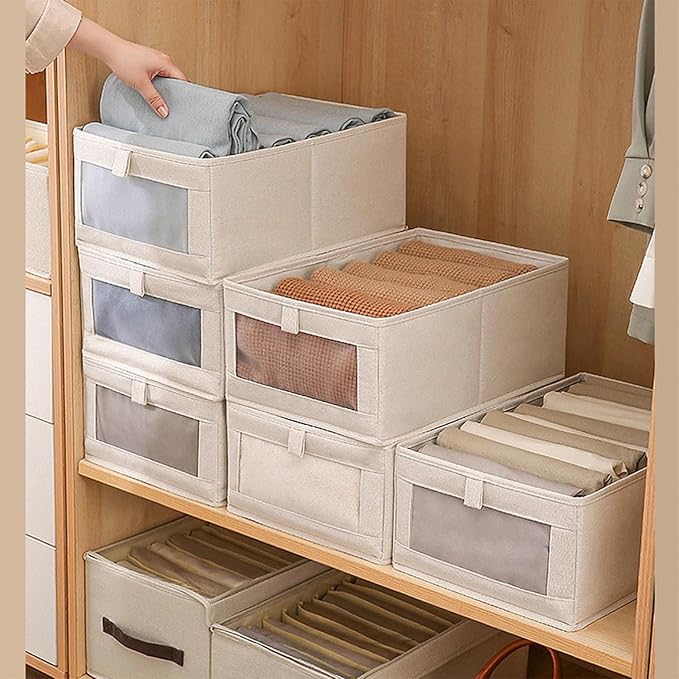 Linen Closet Organizers And Storage, 10 Pack Closet Storage Bins Linen Closet Baskets for Closet Organization Foldable Closet Organizer Bins with Clear Window For Organizing Clothing, Shelves, Jeans