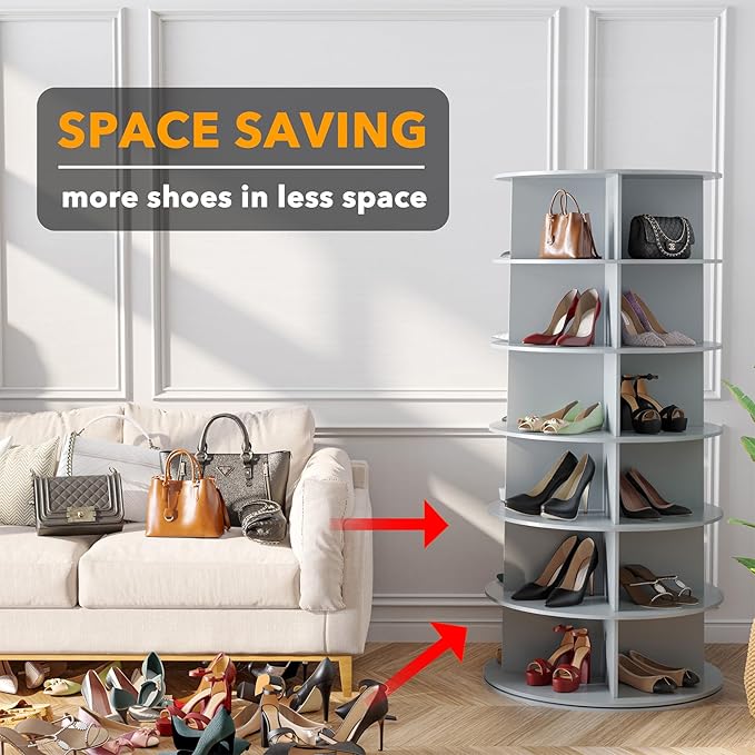 6 Tier Rotating Shoe Rack Tower, Spinning Shoe Display Lazy Susan, 6-Tier Gray