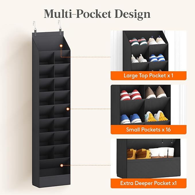 10 Tier Over the Door Shoe Organizer with 19 Large Deep Pockets, Black