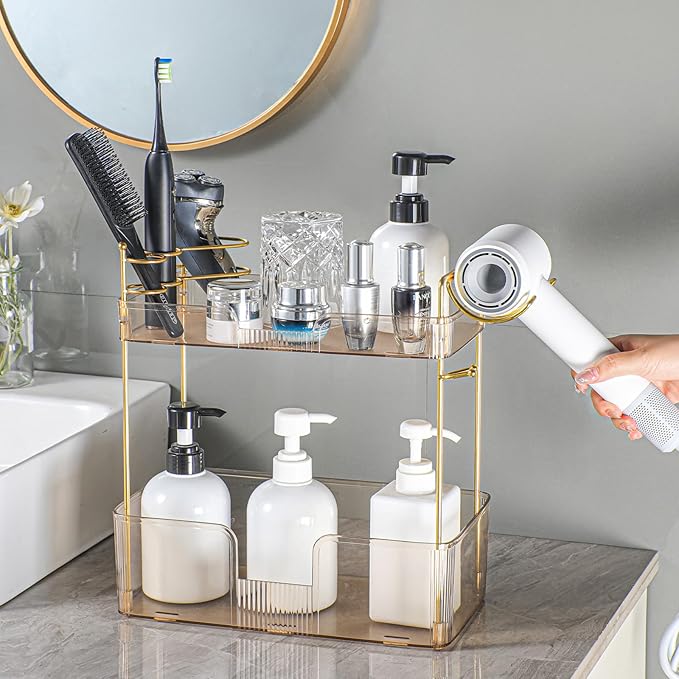 Shuang Qing 2 Tier Gold Bathroom Counter Organizer with Hair Dryer Holder, Skincare & Makeup Organizer, Cosmetics Shelf for Vanity Tray