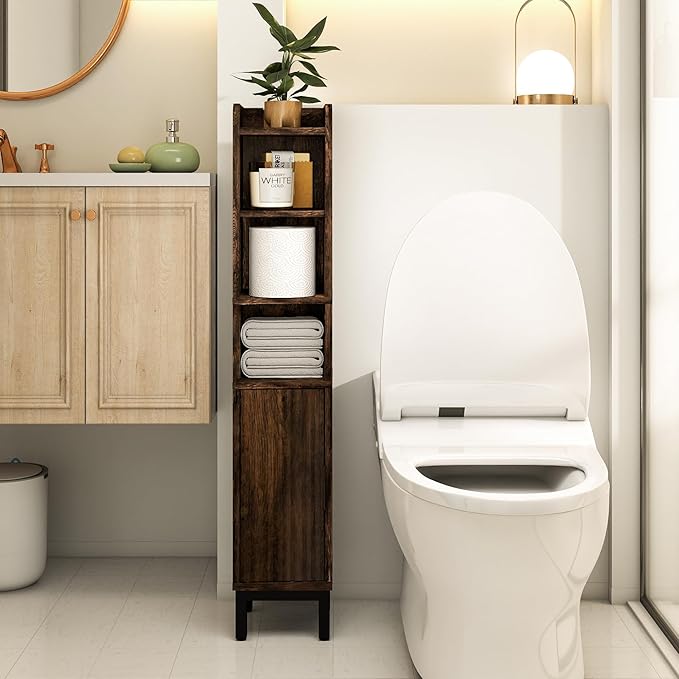 FerniTry Narrow Bathroom Storage Cabinet, Corner Toilet Paper Floor Cabinet 5 Tiers with Door and Shelves,Bathroom Organizer with Adjustable Shelf, for Small Spaces(Rustic Brown)