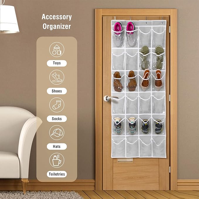 GOMAJI Over the Door 24 Pocket Hanging Shoe Organizer, Space Saving Hanging Storage Holder, Gray, (64" X 19")