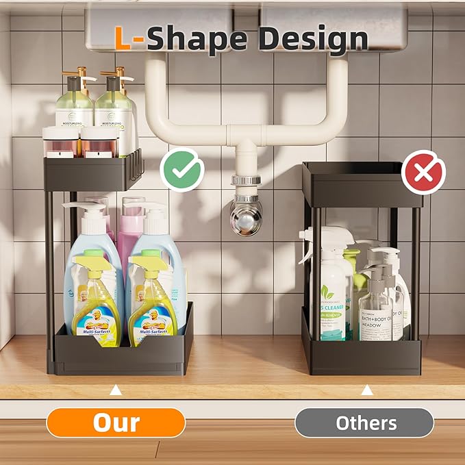 Simple Trending Under Sink Organizer, 2 Pack Pull Out Cabinet Organizer with Sliding Drawer, 2-Tier Under Sink Storage for Kitchen Bathroom, Black