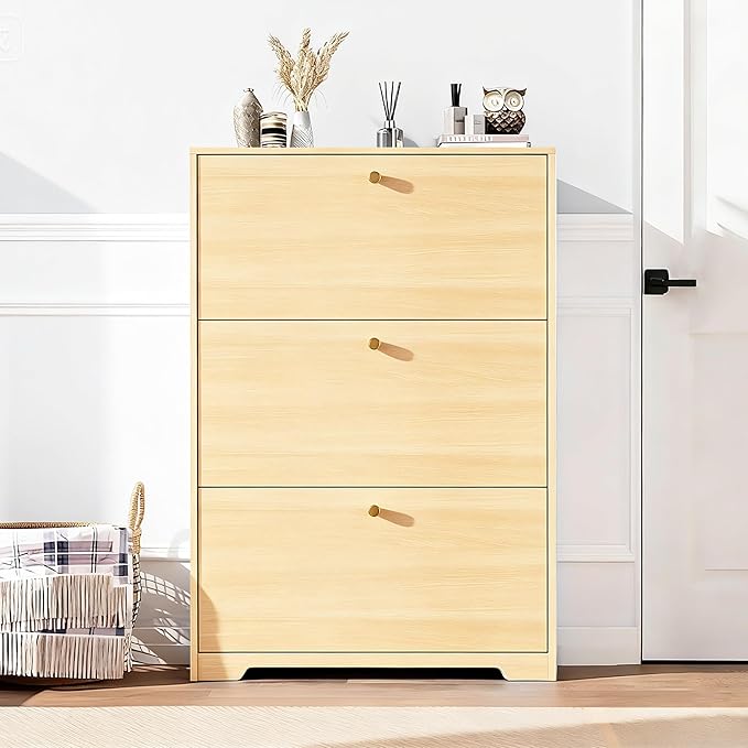 Nicetree Shoe Cabinet with 3 Flip Drawers，Freestanding Shoe Storage Cabinet, Narrow Shoe Organizer Cabinet, Farmhouse Slim Shoe Rack Cabinet for Entryway,Natural Oak with Hook