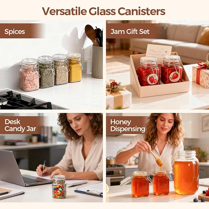 Set of 12 Square Glass Jars with Airtight Lids (8 Oz)