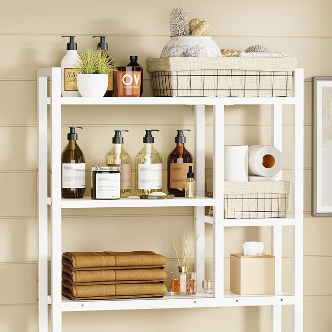 Asgolion Over The Toilet Storage Rack, 3-Tier Bathroom Organizer Over Toilet, Wooden Above Toilet Storage Shelf, Space Saver, Freestanding Bathroom Storage Metal Shelf, Easy to Assemble, White
