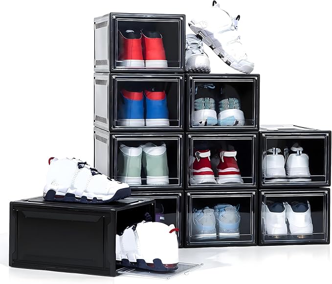MMBABY 12 Pack Acrylic Black Shoe Boxes– Ultra Plastic Stackable Sneaker Storage For Sneakerhead. Professional Grade Shoe Display Case with Clear Magnetic Door.Fits US Size 15