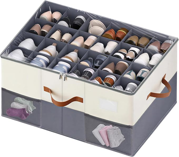 【Upgraded Larger Capacity】Shoe Organizer for Closet Fits 12-24 Pairs with Adjustable Dividers, Large Foldable Shoe Storage Box Bin with Clear Lid & 4 Handles, Plus 2 Mesh Pockets and Category Label