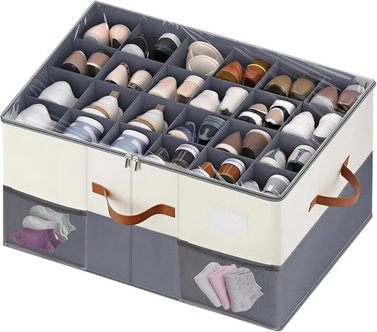 【Upgraded Larger Capacity】Shoe Organizer for Closet Fits 12-24 Pairs with Adjustable Dividers, Large Foldable Shoe Storage Box Bin with Clear Lid & 4 Handles, Plus 2 Mesh Pockets and Category Label