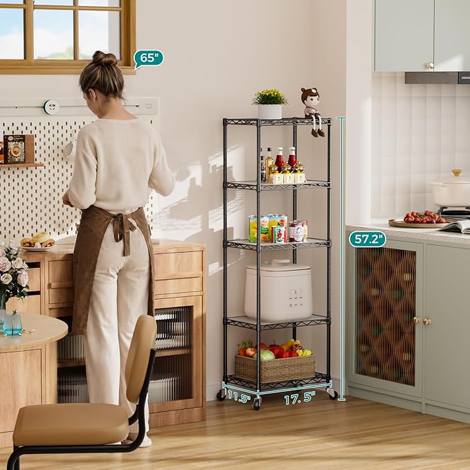 SINGAYE 5 Small Shelf Storage Wire Shelves Closet Bathroom Organizers Metal Pantry Kitchen Garage Shelving Unit Laundry Room Organization Home Narrow Rack Net Basket with Wheels Black