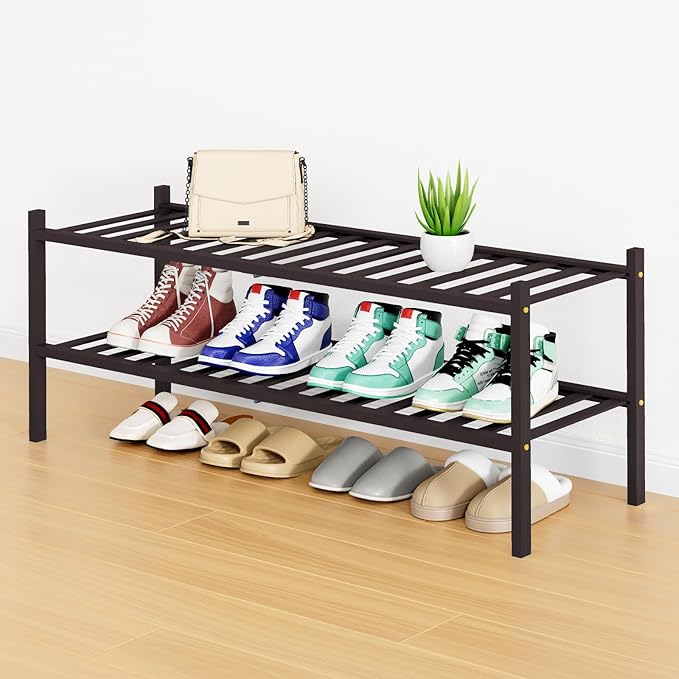 Smiry Long Bamboo Shoe Rack, 2 Tier Free Standing Wooden Shoe Organizer, Stackable Wood Shoe Storage Shelf for Closet, Entryway, 12 Vertical Slats, One-piece Standard Legs, 33.7"x11"x13", Brown