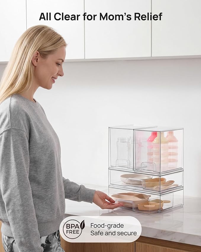Clear Stackable Storage Drawers Set of 4, Plastic Organizer Bins for Makeup