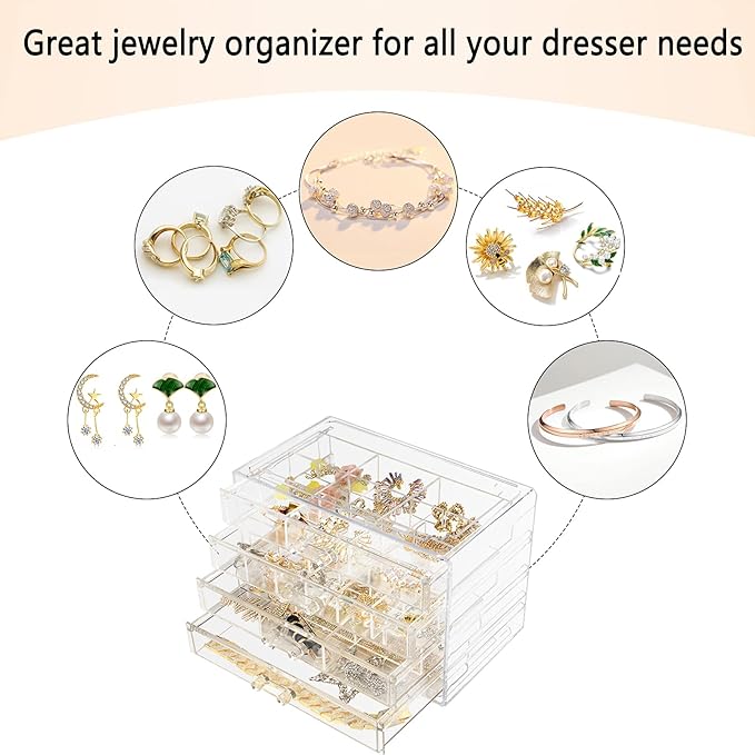 Weiai Acrylic Jewelry Box, 72 Grids Clear Jewelry Organizer with Adjustable Dividers, Large Capacity Earring Ring Gift Boxes