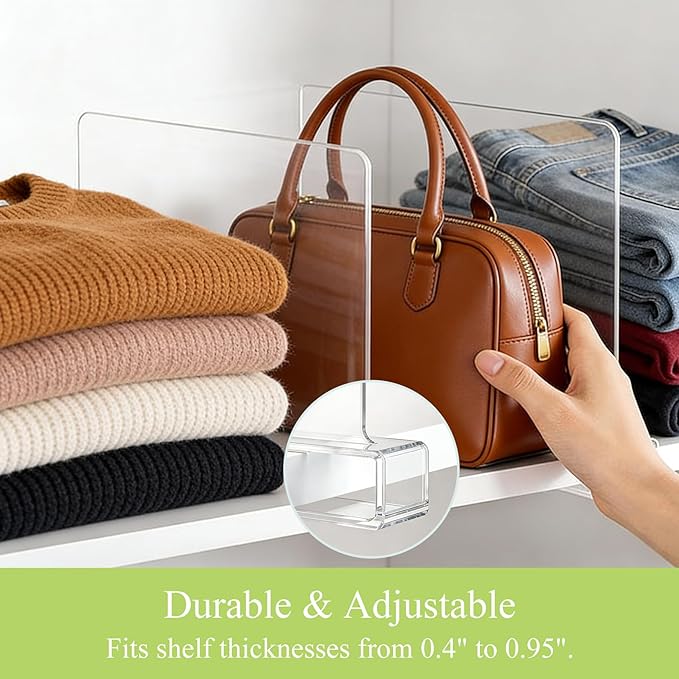 Acrylic Shelf Dividers for Closet Organization: Clear Handbag Purse Organizer for Closet - Shelf Separators for Sweater Sweatshirt Clothes Towel in Home Kitchen, 2Pack