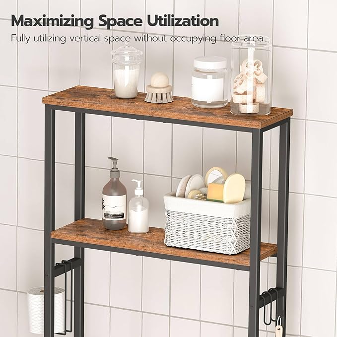 HOOBRO Over The Toilet Storage, 2-Tier Bathroom Organizer Over Toilet, Freestanding Bathroom Storage Shelves with Toilet Paper Holder and Hooks, Space Saver for Room, Rustic Brown and Black BF49TS01