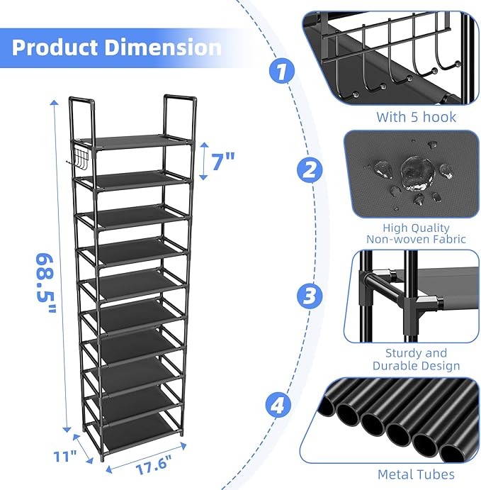 Simple Trending Tall Shoe Rack for Closet, 10 Tiers Narrow Shoe Shelf Holds 20 Pairs, Shoe Organizer Storage with Hooks, Black