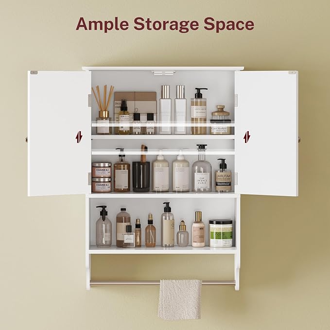 TEENFON Medicine Cabinet with Adjustable Shelves and Towel Rack, Wall Mounted Bathroom Cabinet Over the Toilet Storage for Bathroom, Living Room, White