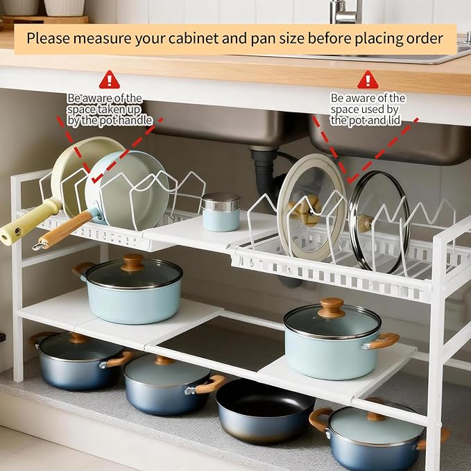 Pots and Pans Organizer Under Cabinet, Expandable 21-35in Length, Adjustable Height Under Sink Shelf 2 Tier with 10 Dividers Under Cabinet Shelf, Pot and Pan Lid Holder Rack (White)
